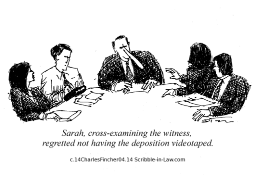 Courtroom illustration (witness, lawyers)